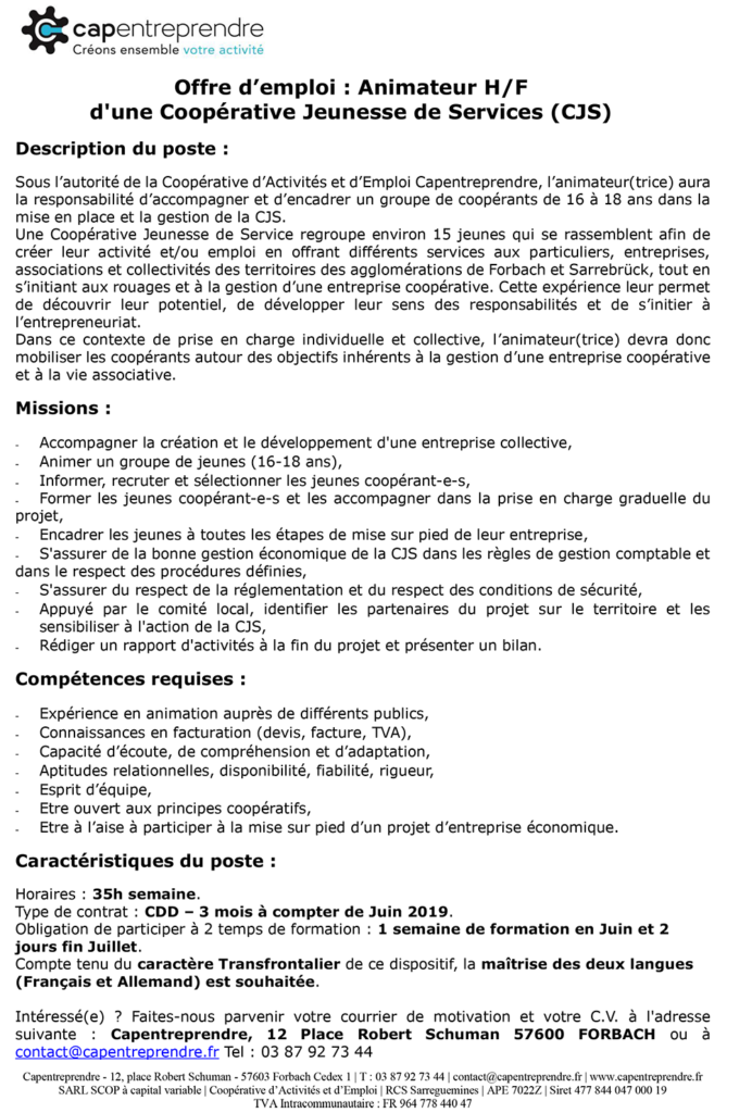 Offre d'emploi Animateur CJS